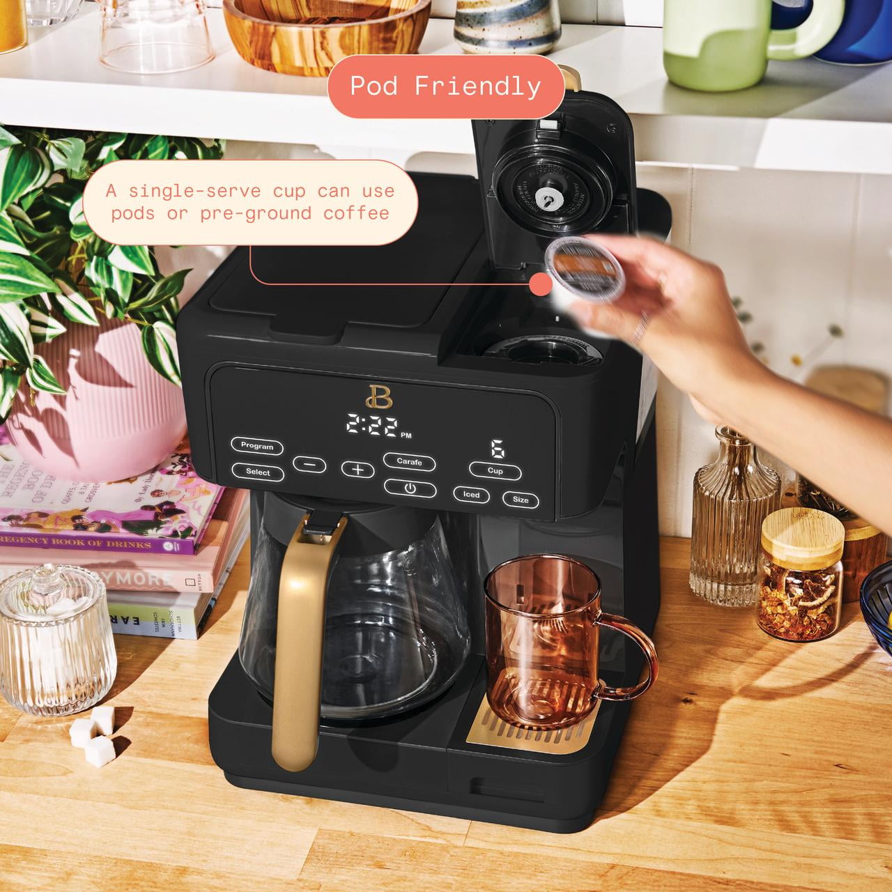 Beautiful Multi-Brew Coffee Maker, 12-Cup and Single-Serve Coffee Machine, Black Sesame by Drew Barrymore