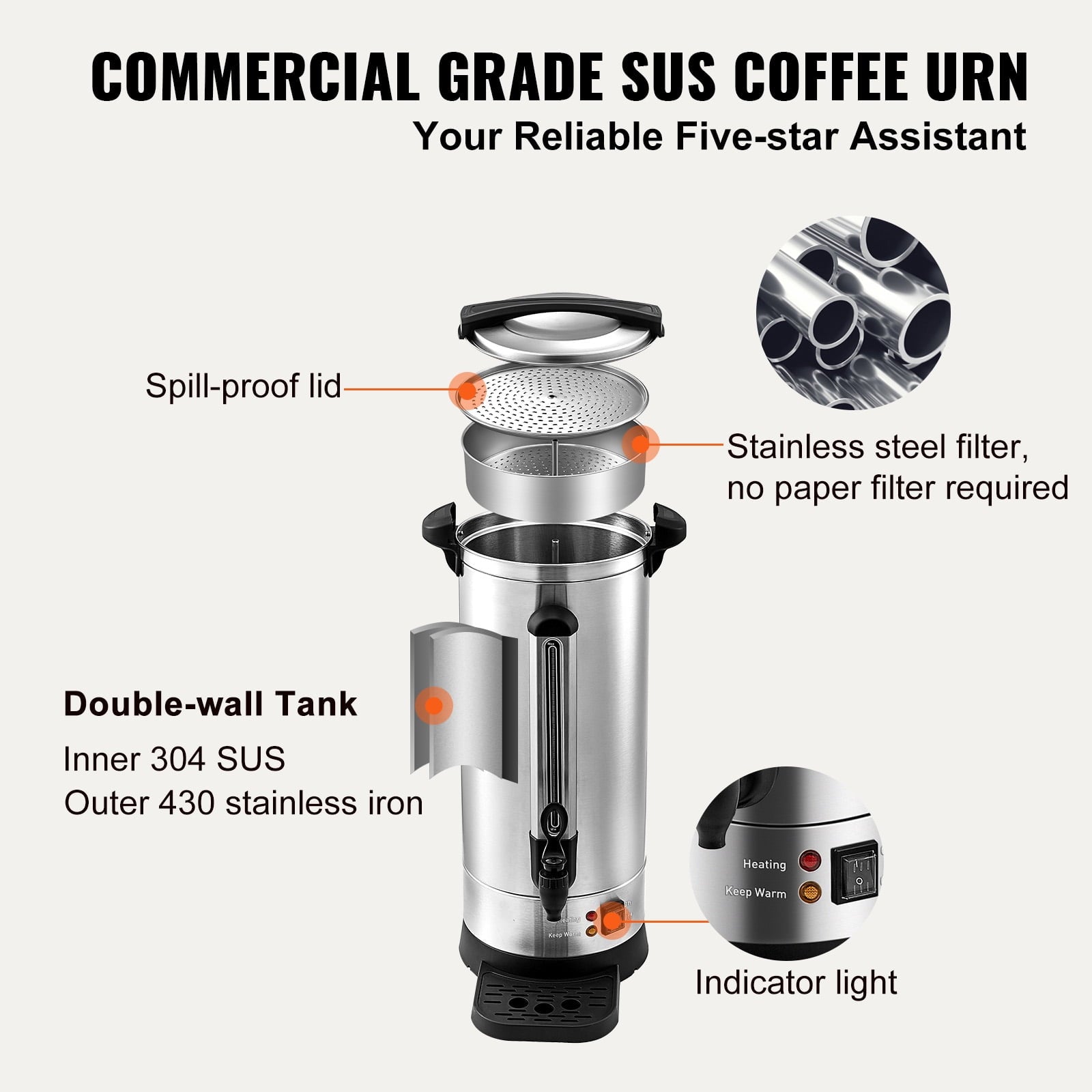KFFKFF 110 Cup Stainless Steel Coffee Dispenser Fast Brew Commercial Coffee Urn