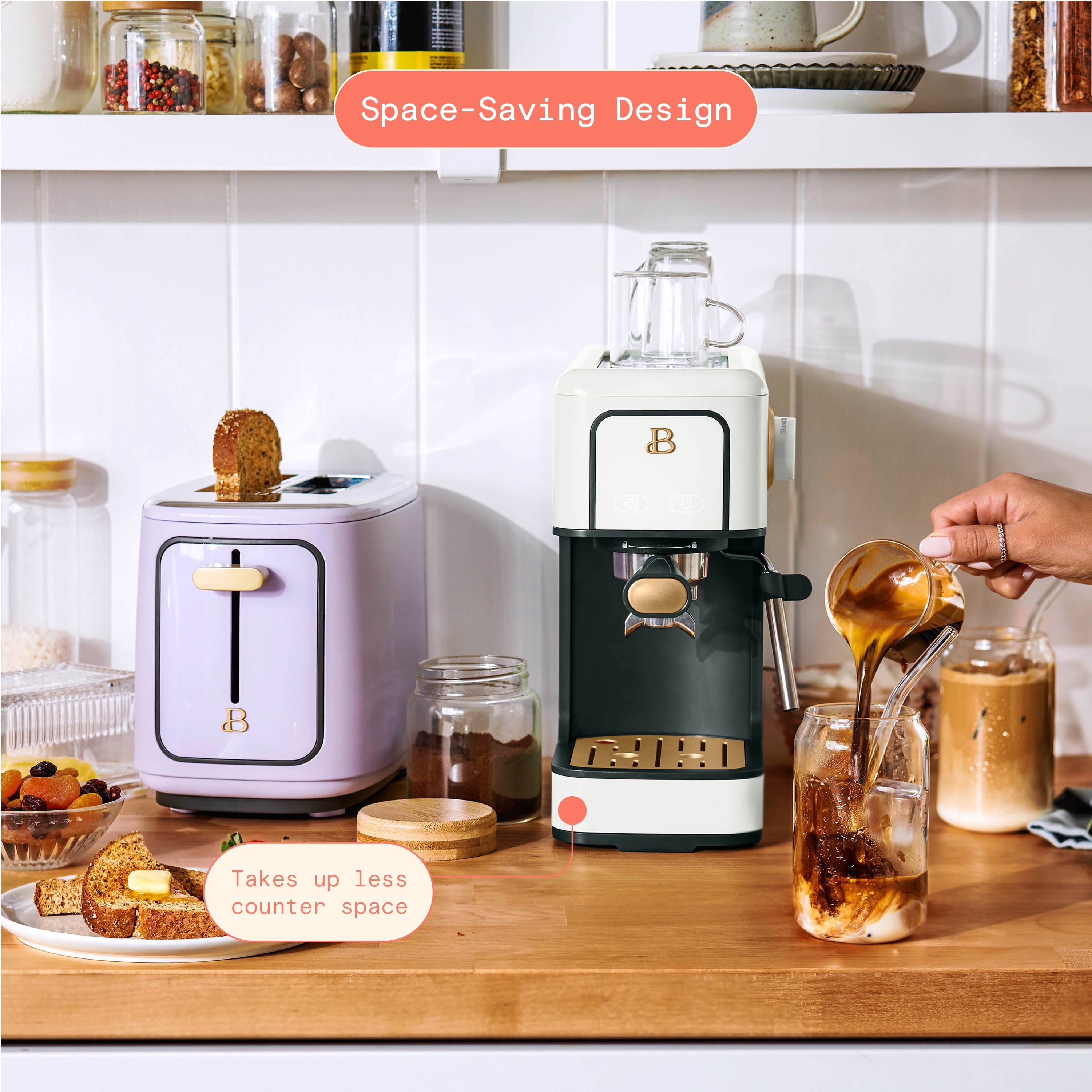 Beautiful Slim Espresso Machine with 20-Bar Pressure, White Icing by Drew Barrymore