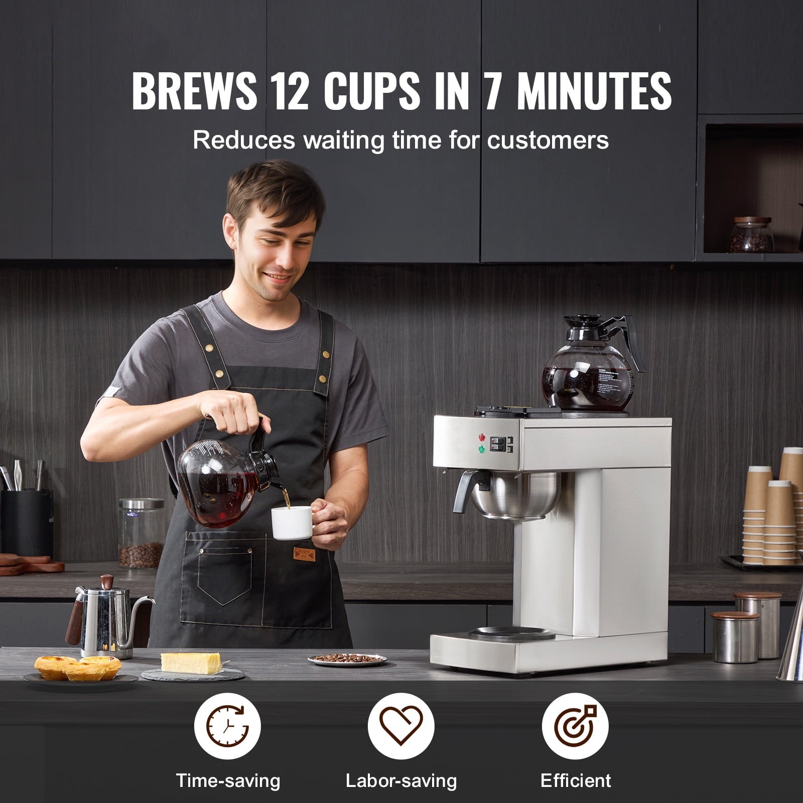 KFFKFF 12-Cup Industrial Filter Coffee Machine, Coffee Brewing Device with Dual Glass Jugs and Warming Trays, Metallic Pour-Over Coffee Maker for Eateries, Workplaces, Coffee Shops